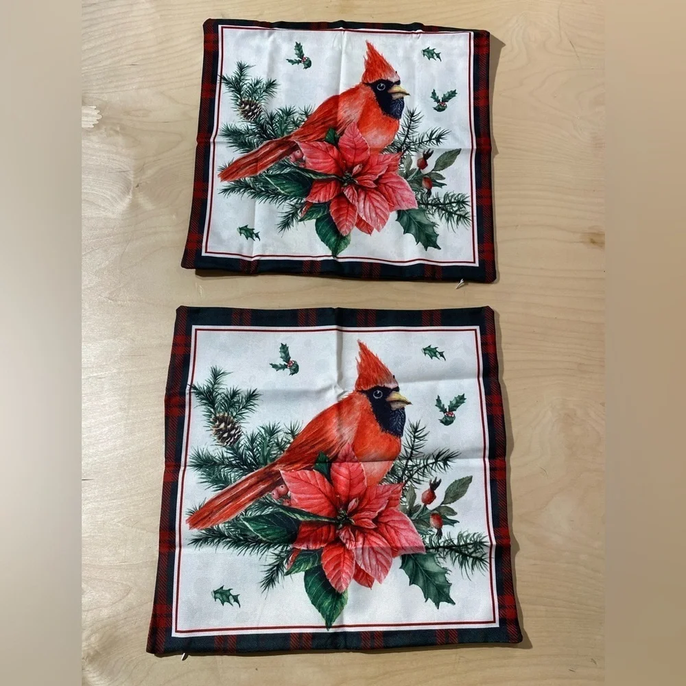 Set of 2 Festive Cardinal Holiday Pillow Covers 17” x 17” - Red and Green (MV)